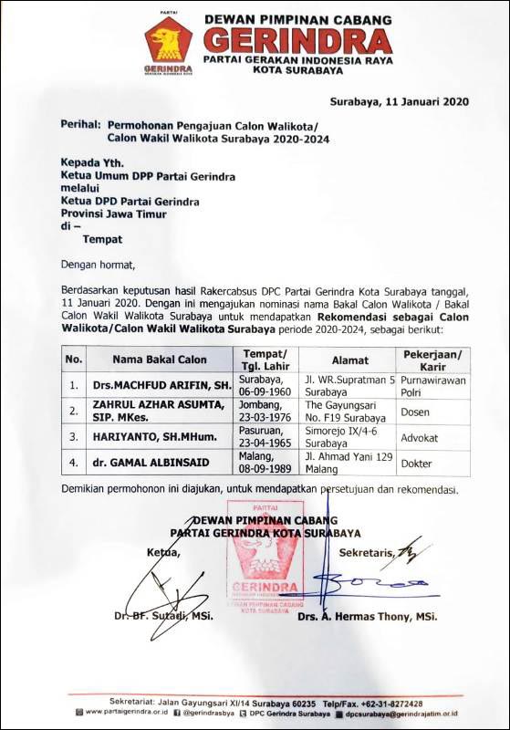 DIAJUKAN REKOMENDASI: Surat permintaan persetujuan dan rekomendasi dari Gerindra Surabaya ke DPP. | Foto: IST