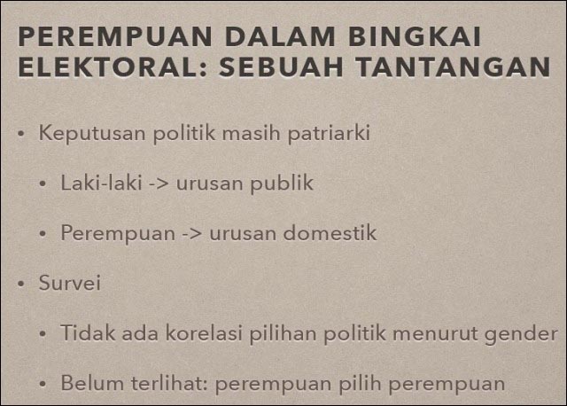TANTANGAN CALON PEREMPUAN: Tak ada korelasi perempuan harus memilih calon dari perempuan. | Foto: Index Indonesia