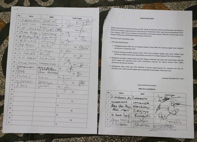 PERNYATAAN SIKAP: 23 MWCNU, keluarkan pernyataan sikap bantah Forum Kader NU Surabaya. | Foto: Barometerjatim.com/ROY HS