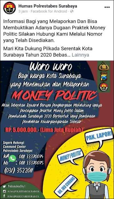SAYEMBARA: Polrestabes Surabaya siapkan Rp 5 juta bagi yang ungkap politik uang di Pilwali 2020. | Foto: Facebook/IST