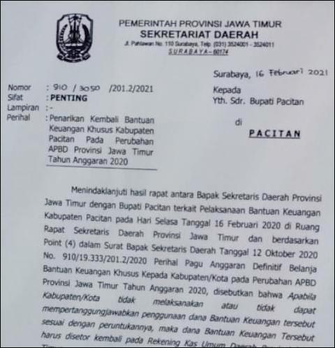 DITARIK LAGI: Surat pembatakan dana Rp 9 M untuk Museum SBY yang diteken Heru Tjahjono atas nama Gubernur Jatim. | Foto: IST
