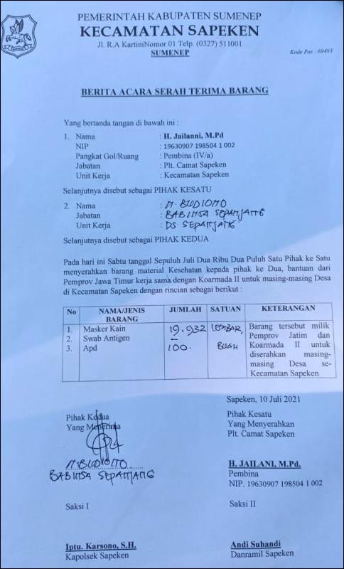 SERAH TERIMA APD: Berita acara serah terima penyaluran bantuan APD untuk desa di Sapeken. | Foto: IST