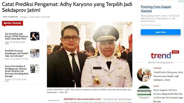 PAKAR PREDIKSI ADHY KARYONO: Capture berita Barometerjatim.com edisi Minggu (10/4/2022). | Foto: Barometerjatim.com/IST