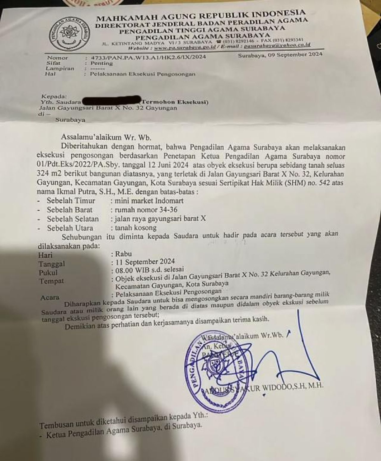 IKMAL MENANG LELANG: Surat eksekusi terhadap Mazaya Coffe and Roastery, Ikmal Putra menang lelang. | Foto: IST