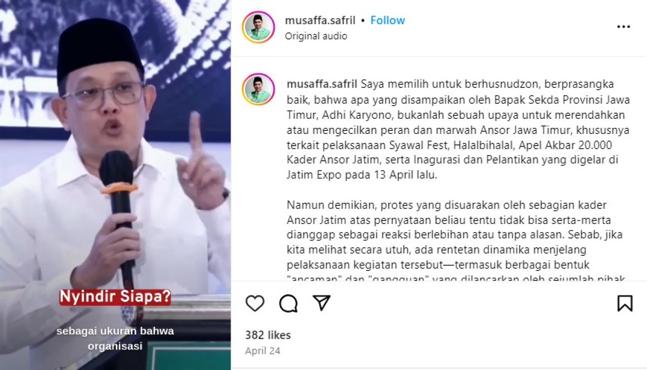 REAKSI UCAPAN SEKDA: Musaffa Safril lewat akun Instagramnya mereaksi sindiran Adhy Karyono. | Foto: IG